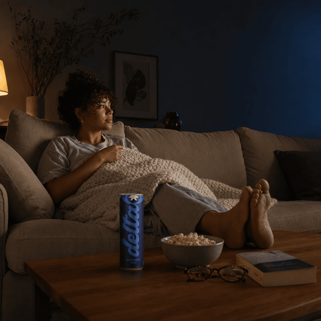 A person reclined on a deep sofa under a chunky cream knit throw blanket, dim TV-glow, single 20mg Blueberry Acai can